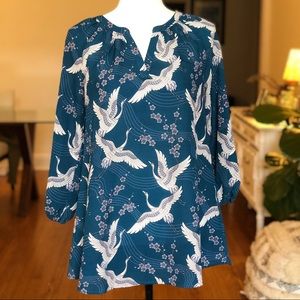 ModCloth Blue and White Crane Tunic Top Small